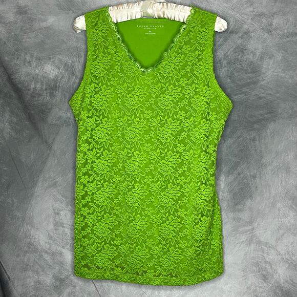Susan Graver Tank Top W Med Lime Green Floral Lined Office Staple Comfy Travel - Picture 1 of 7